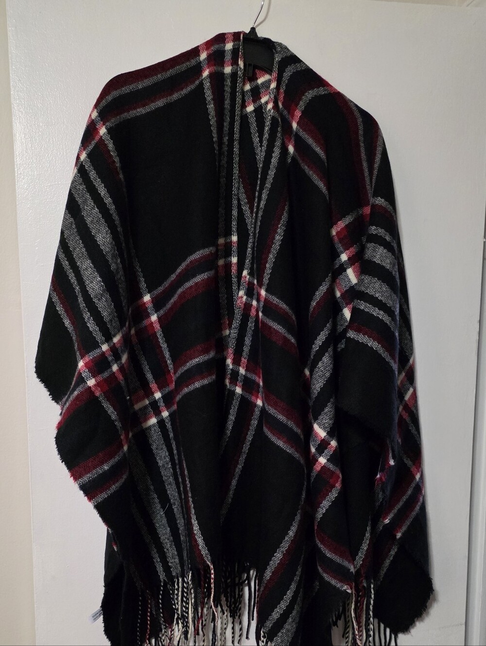 Black Plaid Fringed Poncho Cape with Red & Gray Stripes